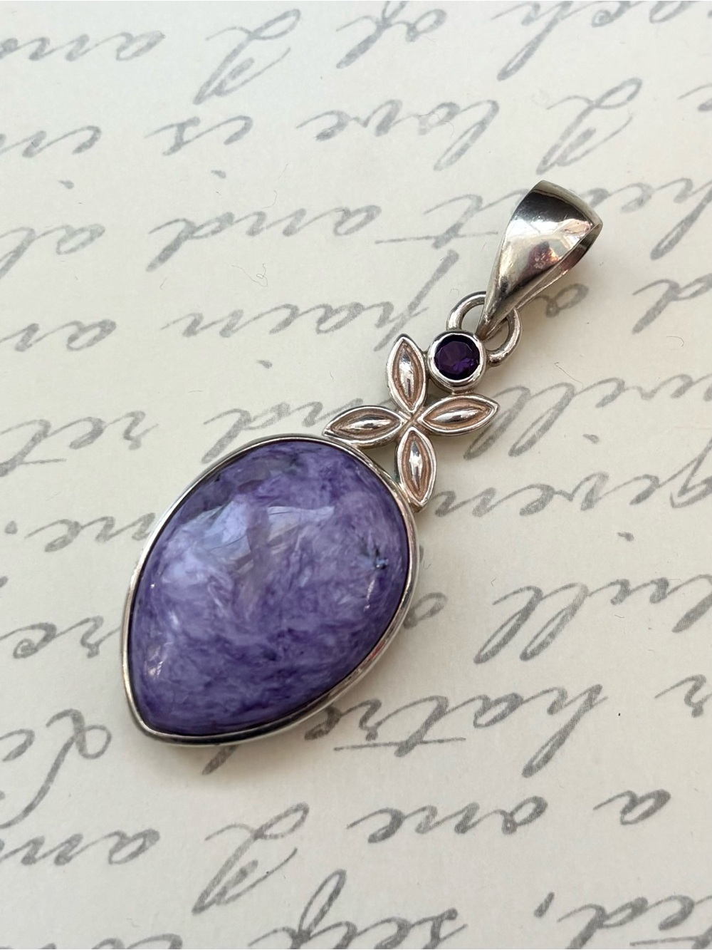 Sterling Silver Purple Charoite & Amethsyt Teardrop Floral Leaves Pendant